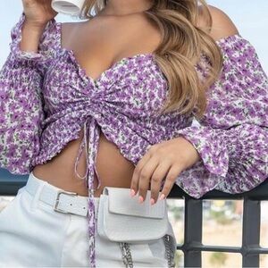 NWT Boutique Purple Floral Ruched Crop Top Size X Large